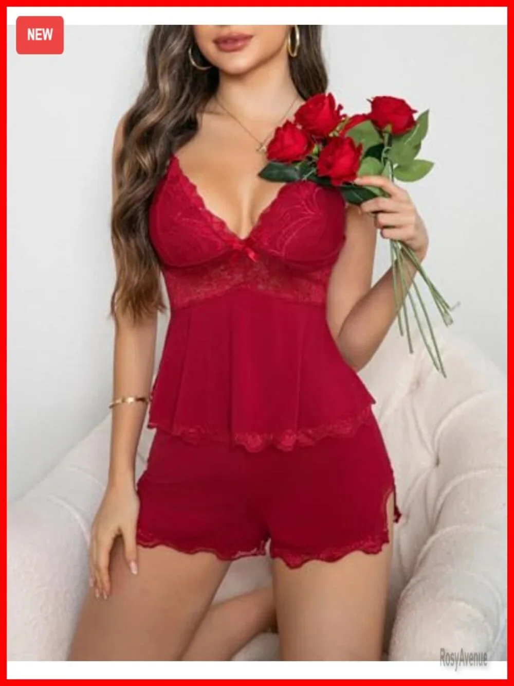 2 Piece Lace V Neck Camisole Pajama Set with Elastic Waist Shorts